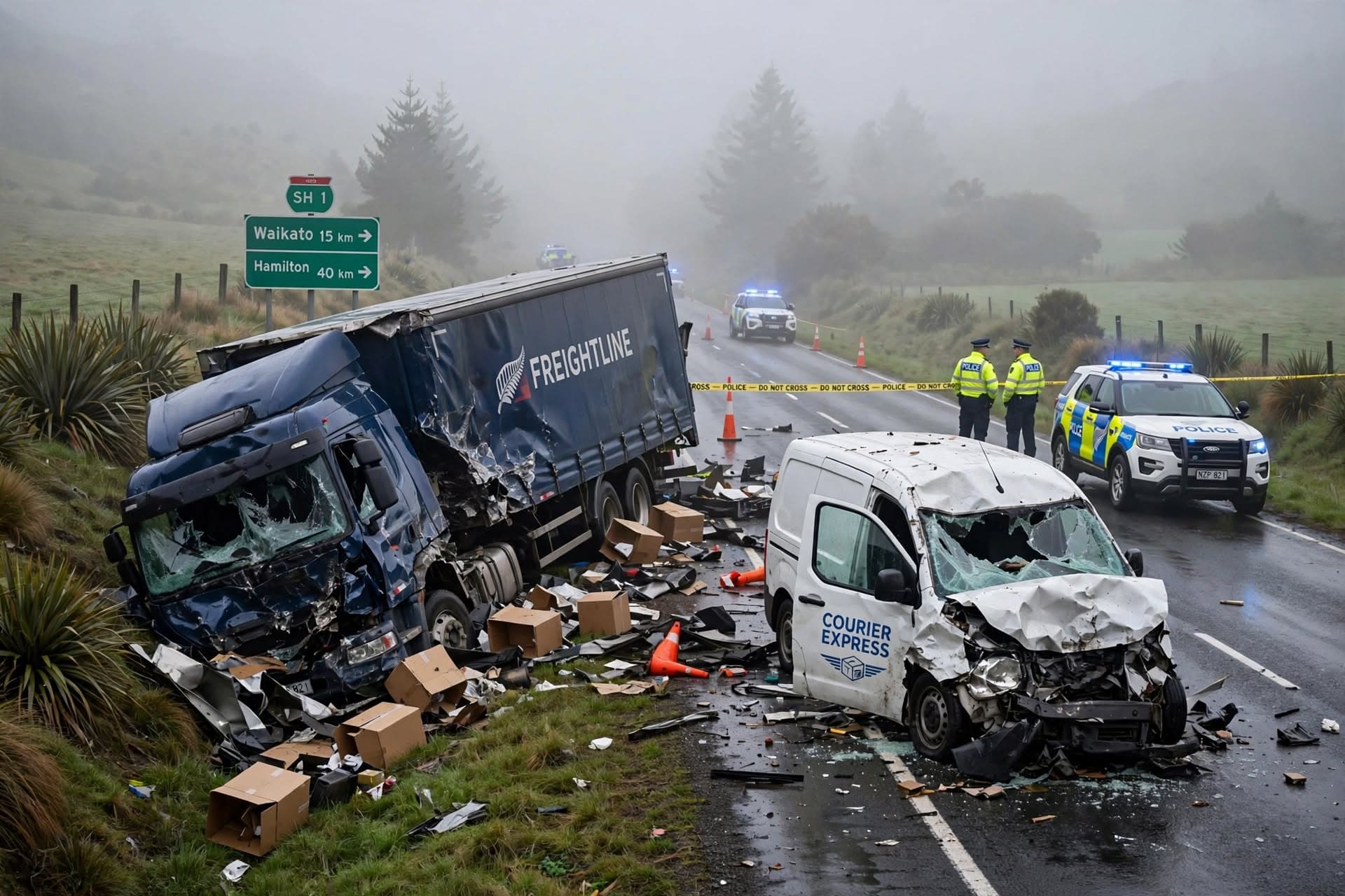 One Driver Dead After Cargo Truck And Van Collide On Busy Waikato Highway, Police Close Road One Driver Dead After Cargo Truck And Van Collide On Busy Waikato Highway, Police Close Road