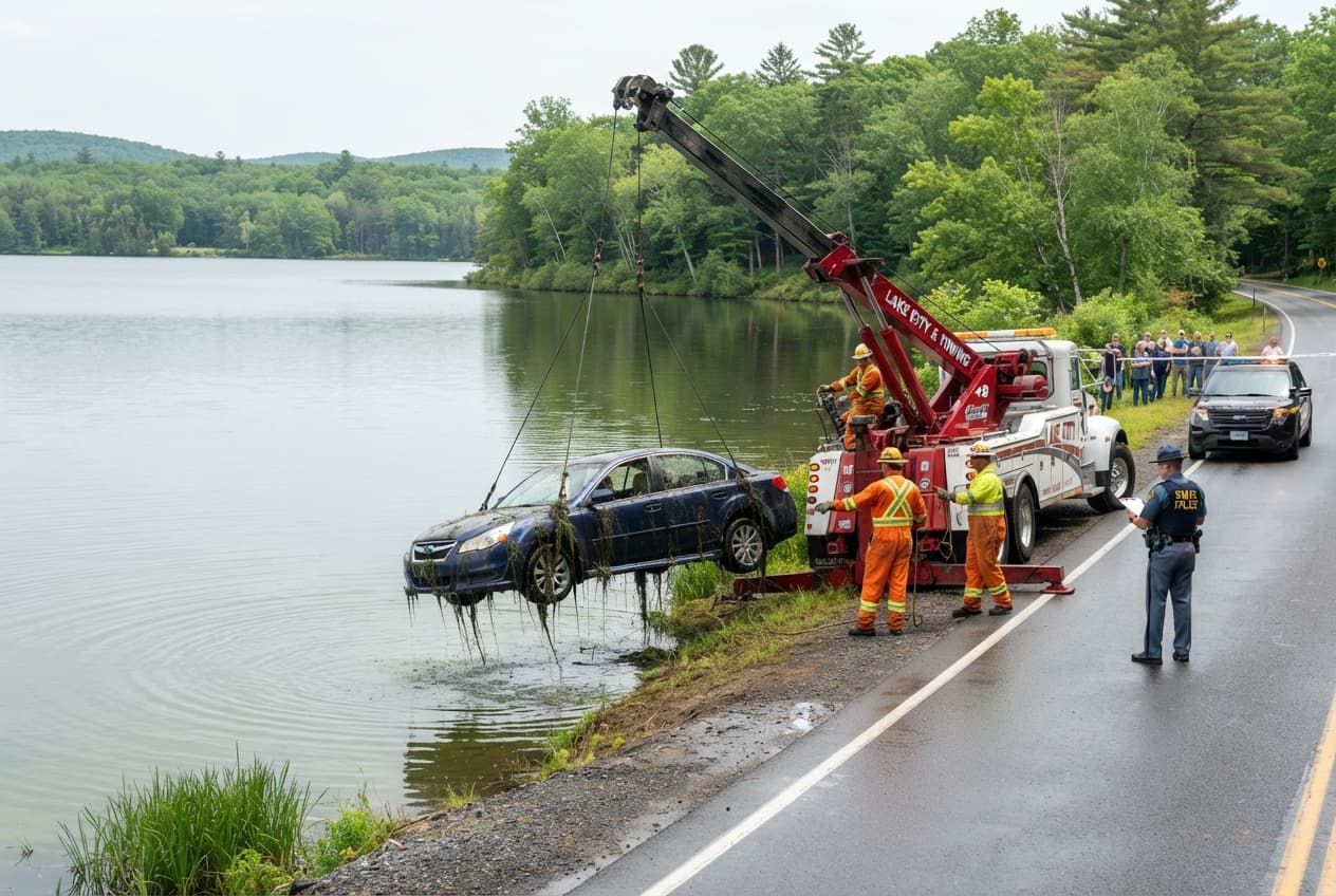 Lake Submersion Emergency: Vehicle Plummets Into Water Body Resulting In Two Deaths And Injuries Lake Submersion Emergency: Vehicle Plummets Into Water Body Resulting In Two Deaths And Injuries