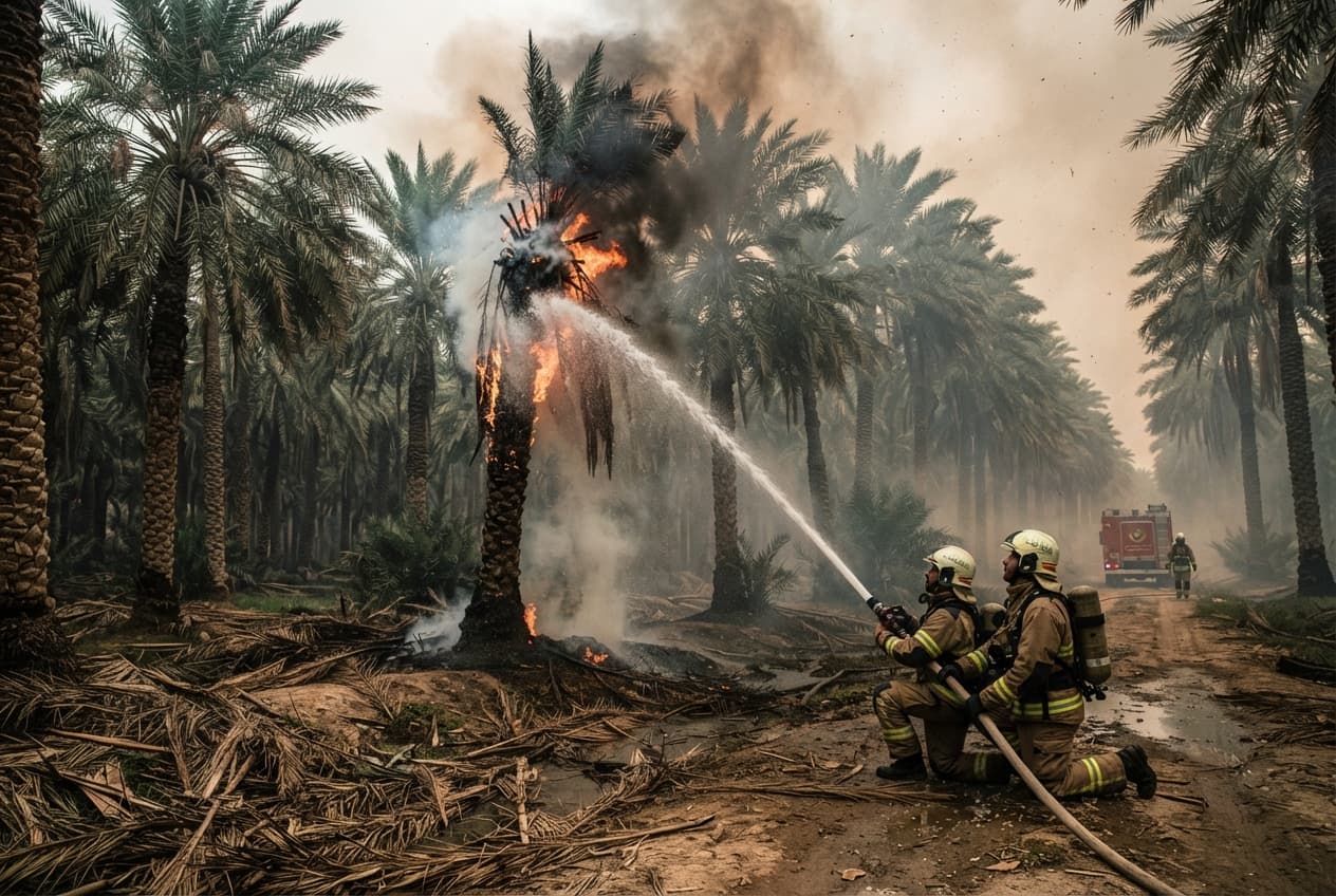 Massive Palm Farm Wildfire in Al-Ahsa: Civil Defense Blocks Spread to Residential Quarters Without Casualties Massive Palm Farm Wildfire in Al-Ahsa: Civil Defense Blocks Spread to Residential Quarters Without Casualties