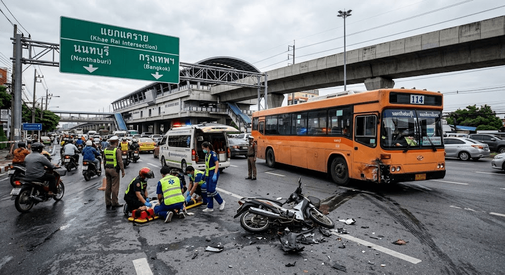 Horrific Rush-Hour Crash: Public Bus Collides With Motorcycle at Khae Rai Intersection, 2 Critically Injured Horrific Rush-Hour Crash: Public Bus Collides With Motorcycle at Khae Rai Intersection, 2 Critically Injured