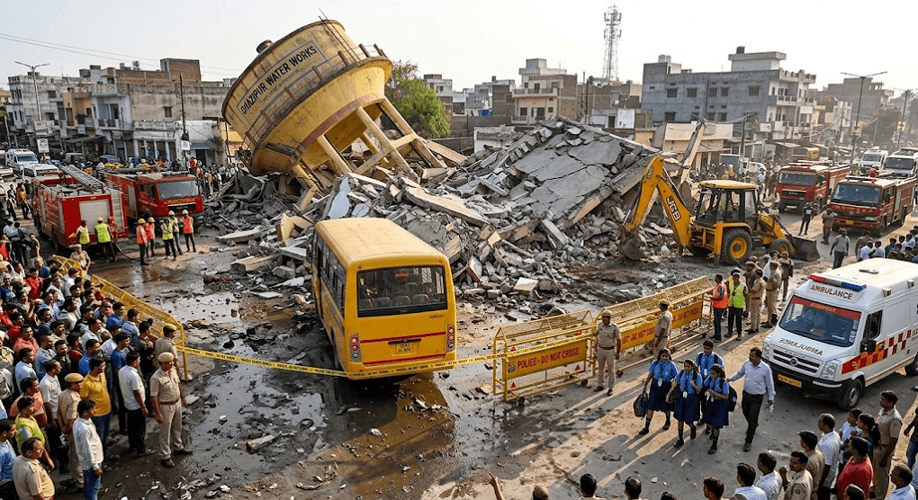 Miracle Escape in Ghazipur: Water Tank Collapses Moments Before School Bus Passes Miracle Escape in Ghazipur: Water Tank Collapses Moments Before School Bus Passes