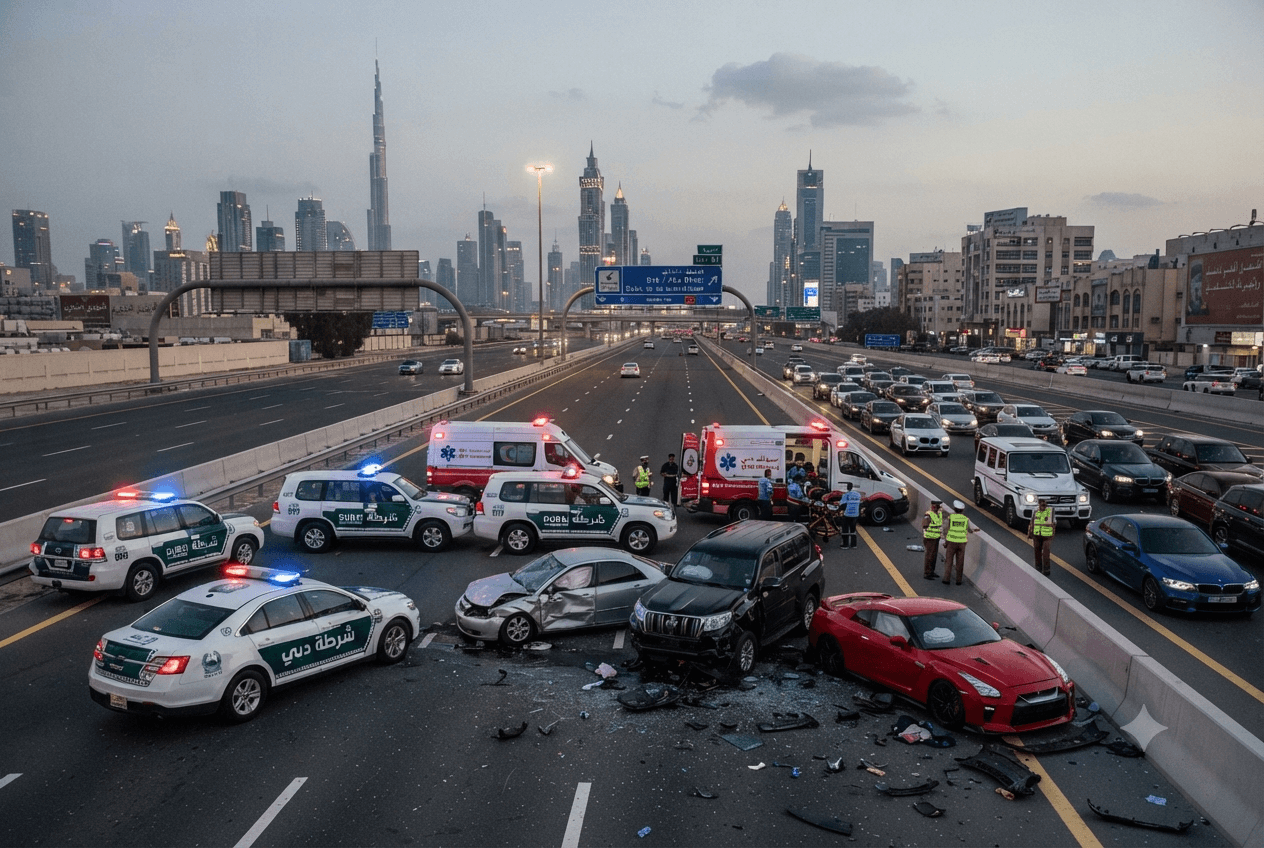 Dubai Sheikh Zayed Road Multi-Vehicle Crash Claims One Life: Three Injured After Massive Highway Pileup Today Dubai Sheikh Zayed Road Multi-Vehicle Crash Claims One Life: Three Injured After Massive Highway Pileup Today