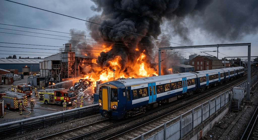 Flaming Trackside: Commuter Train Navigates Burning Waste Plant in Deptford Flaming Trackside: Commuter Train Navigates Burning Waste Plant in Deptford