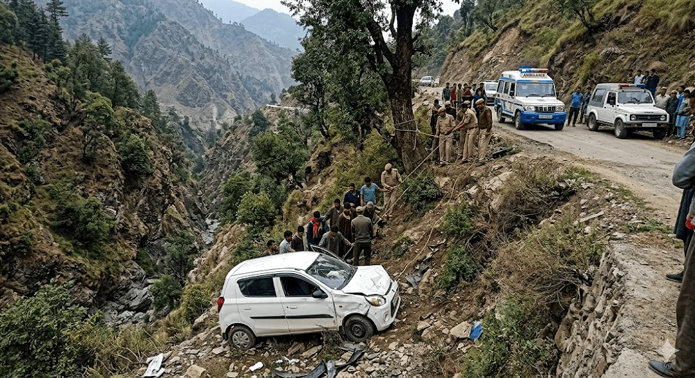 Tragedy in Kupwara: Elderly Woman Killed, Couple Injured After Car Plunges into Deep Gorge Tragedy in Kupwara: Elderly Woman Killed, Couple Injured After Car Plunges into Deep Gorge
