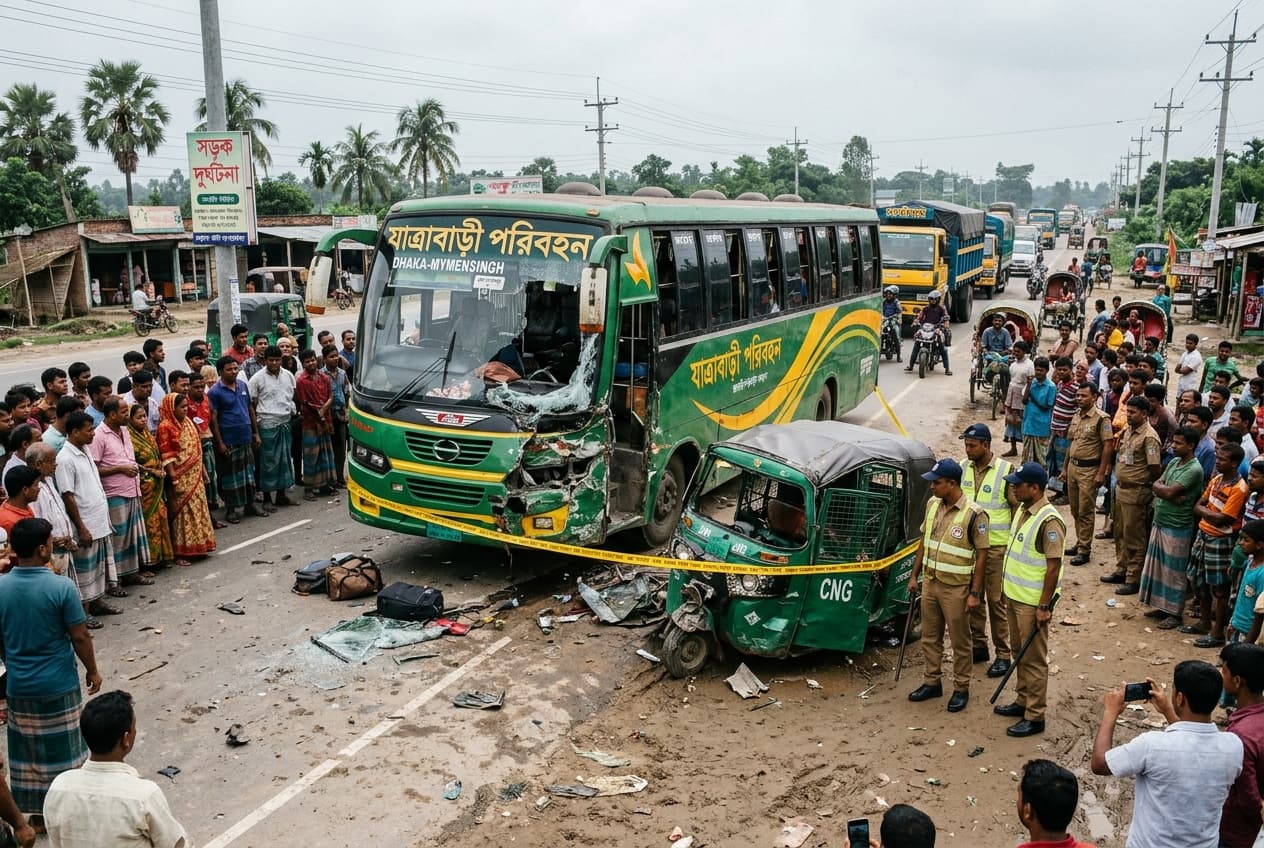 Two Dead, Eleven Hurt as Speeding Bus Hits Three-Wheeler on Bangladesh Highway, Throws Passengers Onto Road Two Dead, Eleven Hurt as Speeding Bus Hits Three-Wheeler on Bangladesh Highway, Throws Passengers Onto Road