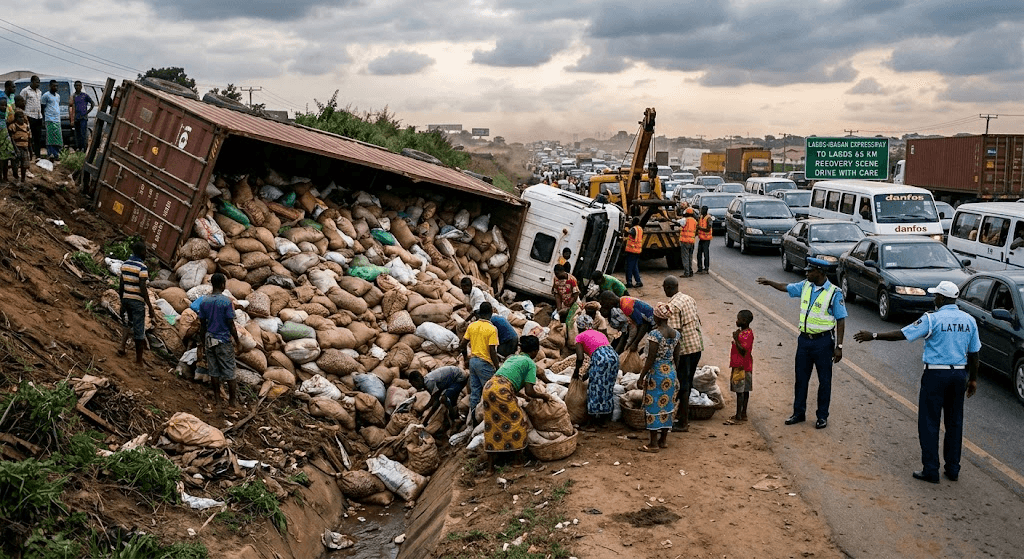 Expressway Chaos: Fully Loaded Truck Overturns Along Lagos-Ibadan Expressway Expressway Chaos: Fully Loaded Truck Overturns Along Lagos-Ibadan Expressway