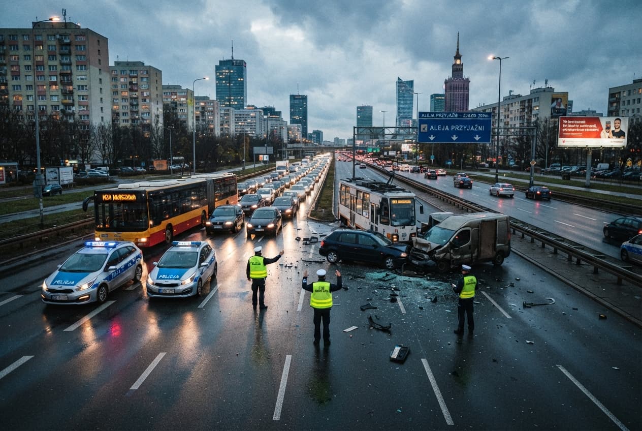 Traffic Paralysis Grips Warsaw: Transit Officers Clear Major Arterial Route After Multi-Vehicle Crash Traffic Paralysis Grips Warsaw: Transit Officers Clear Major Arterial Route After Multi-Vehicle Crash