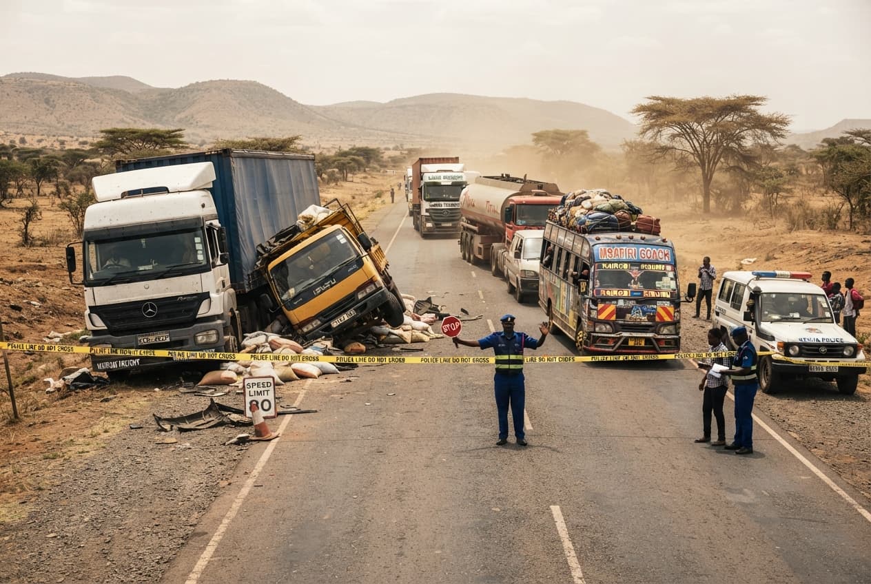 Highway Collision Disaster: Heavy Freight Truck And Passenger Cars Crash Leaving Five Dead Highway Collision Disaster: Heavy Freight Truck And Passenger Cars Crash Leaving Five Dead