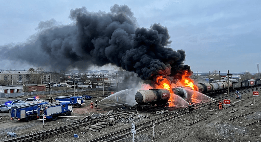Inferno in Sverdlovsk: Fuel Tankers Burst into Flames After Major Freight Train Derailment Inferno in Sverdlovsk: Fuel Tankers Burst into Flames After Major Freight Train Derailment