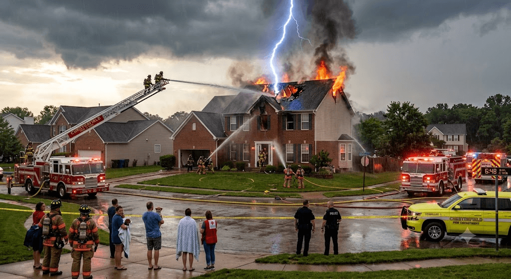 Nature’s Fury: Lightning Strike Sparks Morning Inferno in Chesterfield Nature’s Fury: Lightning Strike Sparks Morning Inferno in Chesterfield