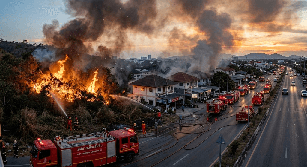 Fast-Spreading Wildfire Sparks Panic Near Homes Along Sukhumvit Road in Sattahip Fast-Spreading Wildfire Sparks Panic Near Homes Along Sukhumvit Road in Sattahip