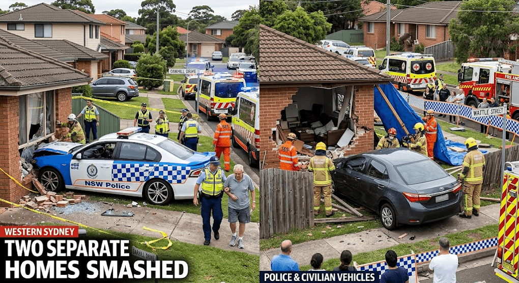 Double Crash Chaos: Police Vehicle and Sedan Smash into Separate Western Sydney Homes Double Crash Chaos: Police Vehicle and Sedan Smash into Separate Western Sydney Homes