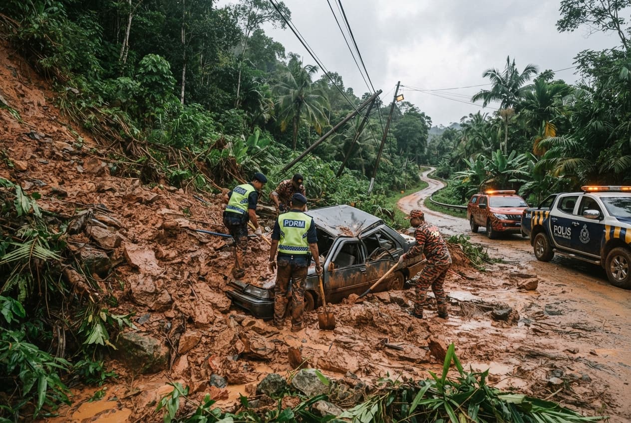 Sudden Landslide Blocks Sabah Route: Falling Debris Crushes Vehicle and Kills Two Sudden Landslide Blocks Sabah Route: Falling Debris Crushes Vehicle and Kills Two