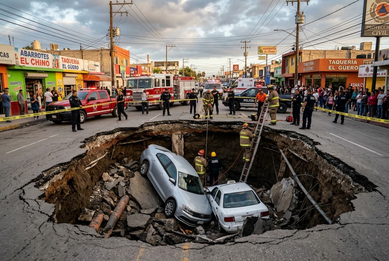 Massive Sinkhole Swallows Two Vehicles in Central Mexico, Killing One, Injuring Three, Blocking Major Road Massive Sinkhole Swallows Two Vehicles in Central Mexico, Killing One, Injuring Three, Blocking Major Road