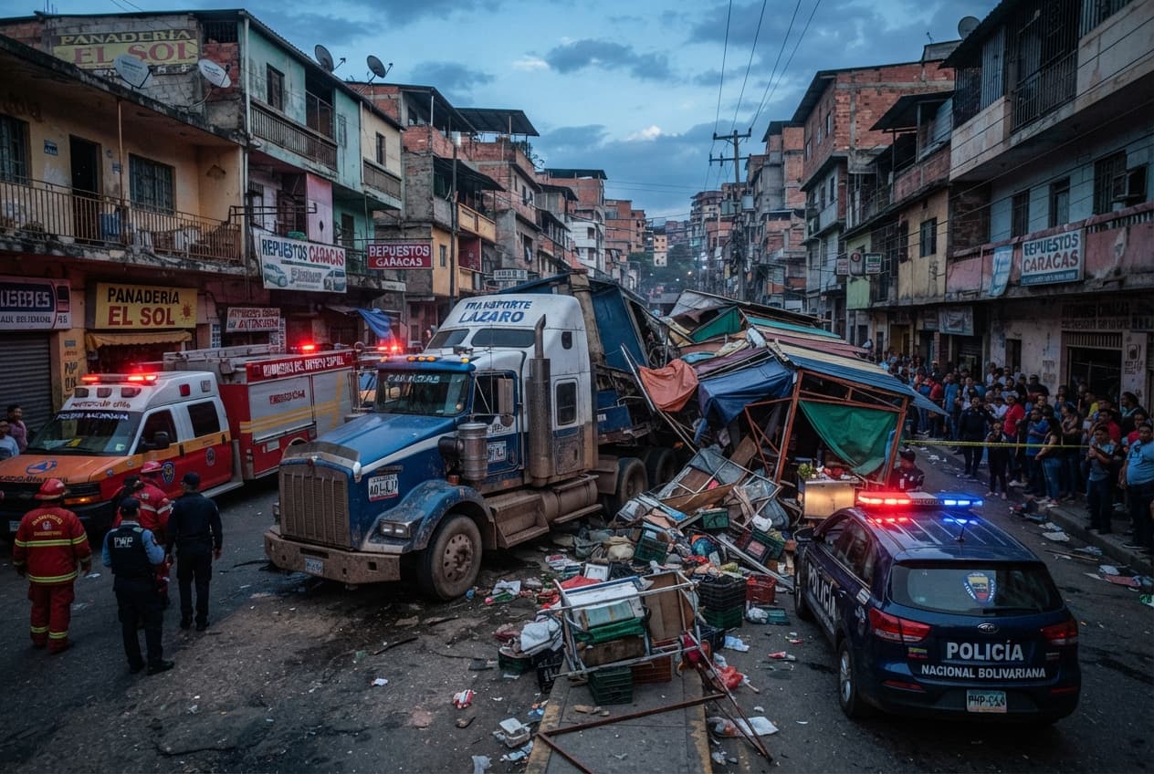 Urban Transit Emergency: Commercial Transport Truck Crashes Into Residential Street Market, Multiple Injured Urban Transit Emergency: Commercial Transport Truck Crashes Into Residential Street Market, Multiple Injured