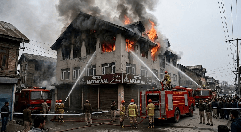 Blaze Engulfs Hotel Matamaal in Sopore: Emergency Crews Respond to Severe Fire Blaze Engulfs Hotel Matamaal in Sopore: Emergency Crews Respond to Severe Fire