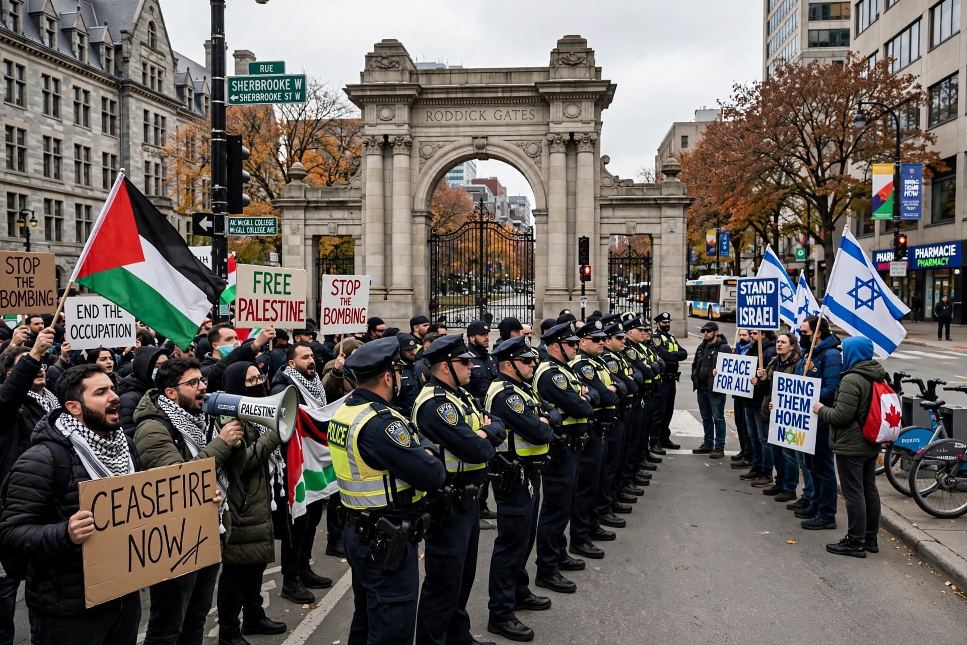 Pro-Palestinian Protesters Gather Near McGill on Oct. 7 Anniversary Pro-Palestinian Protesters Gather Near McGill on Oct. 7 Anniversary