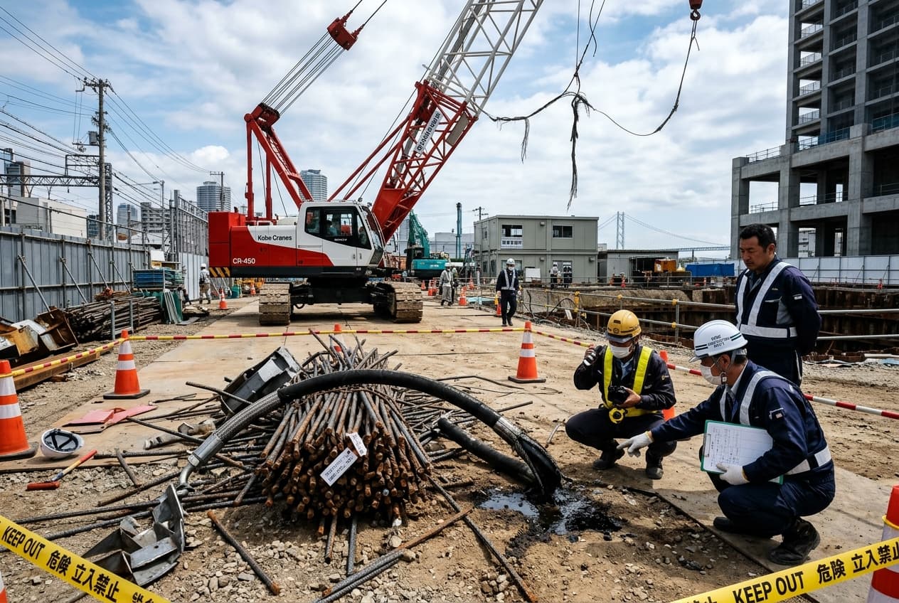 Operator Trapped in Kobe: Industrial Crane Breakdown at Construction Site Leaves Worker Severely Injured, Hospitalized Operator Trapped in Kobe: Industrial Crane Breakdown at Construction Site Leaves Worker Severely Injured, Hospitalized