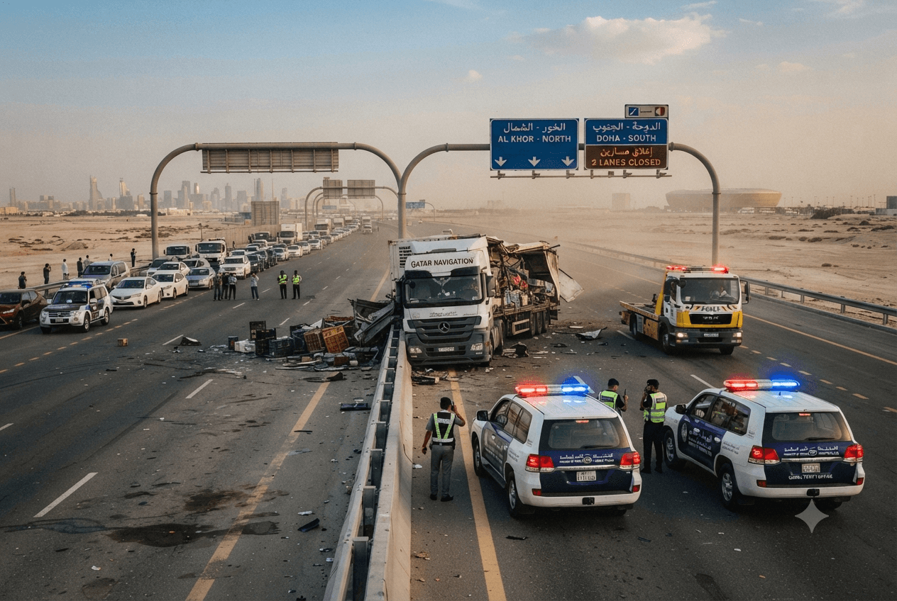 Express Highway Transport Tragedies: Heavy Commercial Truck Collision on Al Khor Expressway Leaves Driver Dead Express Highway Transport Tragedies: Heavy Commercial Truck Collision on Al Khor Expressway Leaves Driver Dead