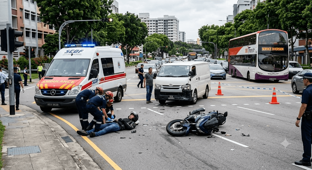 Chaos in Bedok: Motorcyclist Injured in Van Crash, Sparking Massive Bus Diversions Chaos in Bedok: Motorcyclist Injured in Van Crash, Sparking Massive Bus Diversions
