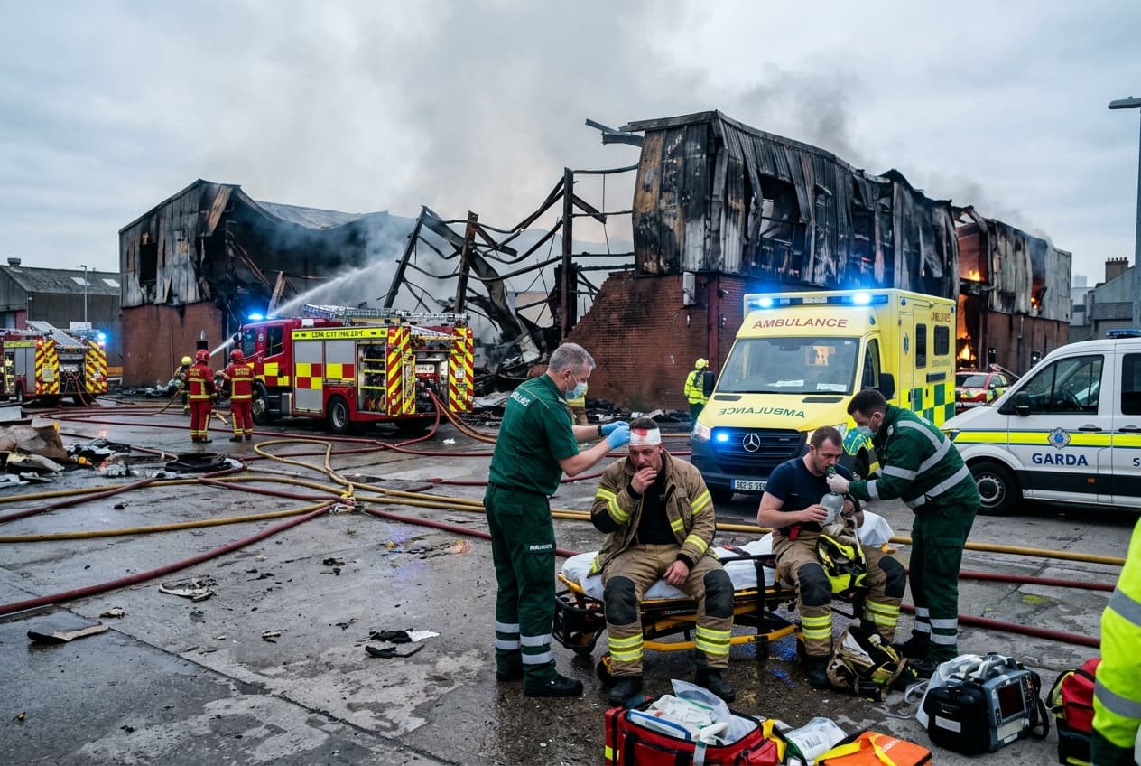 Warehouse Fire Rocks Cork: Massive Blaze Destroys Commercial Property, Two Firefighters Hospitalized, Roads Closed Warehouse Fire Rocks Cork: Massive Blaze Destroys Commercial Property, Two Firefighters Hospitalized, Roads Closed