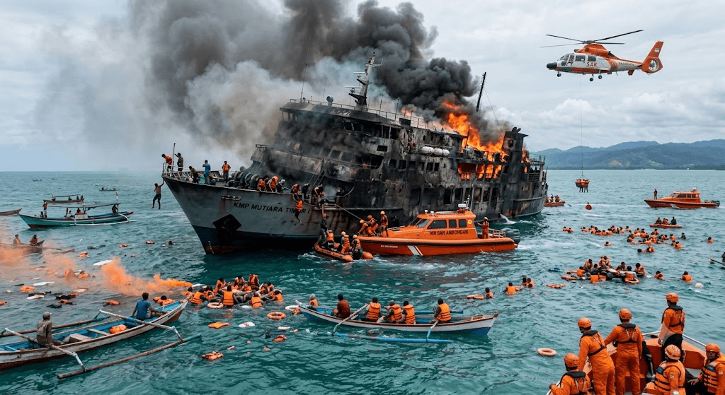 Tragedy at Sea: 5 Dead, 41 Missing After Indonesian Passenger Ferry Bureau Ignites Tragedy at Sea: 5 Dead, 41 Missing After Indonesian Passenger Ferry Bureau Ignites