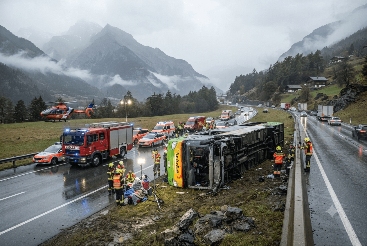 Alpine Bus Rollover: Multiple Passengers Hospitalized Following Severe Highway Crash in Swiss Canton Alpine Bus Rollover: Multiple Passengers Hospitalized Following Severe Highway Crash in Swiss Canton