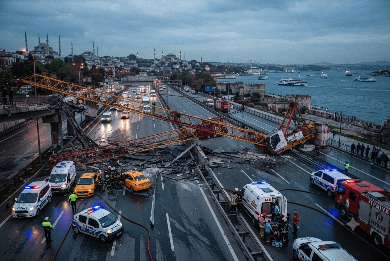 Fatal Industrial Accident in Turkey: Crane Collapse on Istanbul Coastal Road Kills Three Workers Fatal Industrial Accident in Turkey: Crane Collapse on Istanbul Coastal Road Kills Three Workers