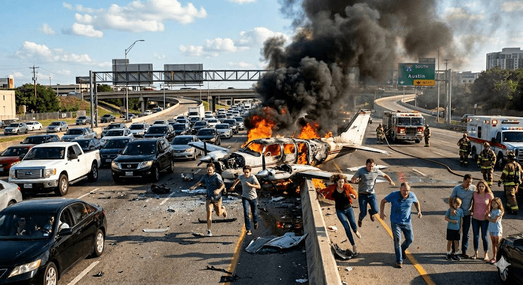 Tragedy in Texas: 1 Dead, Passengers Leap for Their Lives After Plane Crashes onto Busy Road Tragedy in Texas: 1 Dead, Passengers Leap for Their Lives After Plane Crashes onto Busy Road