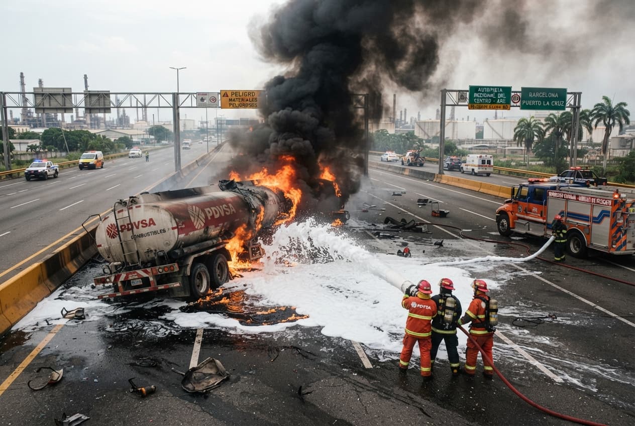 Expressway Explosion in Venezuela: Fuel Tanker Overturns and Bursts into Flames, Killing Three Expressway Explosion in Venezuela: Fuel Tanker Overturns and Bursts into Flames, Killing Three