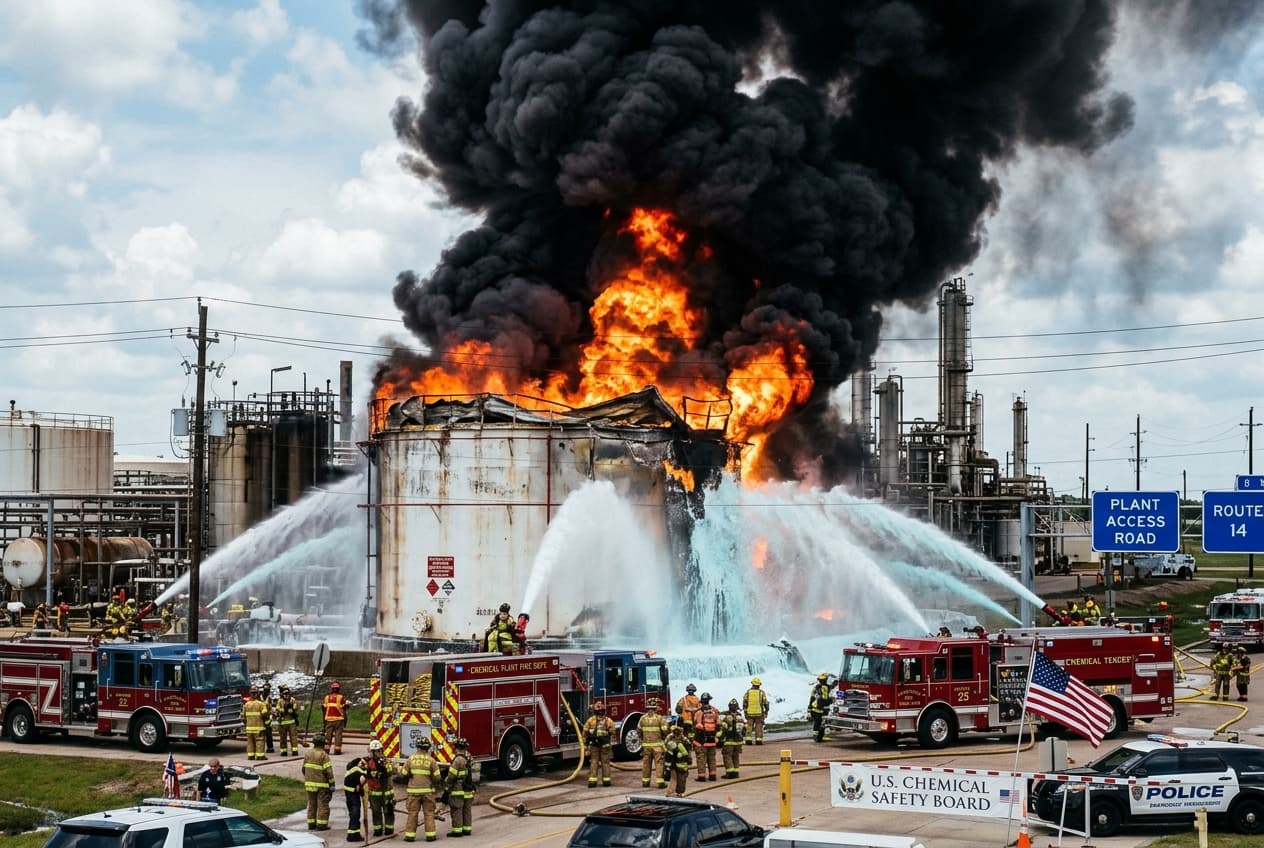 Blast at Chemical Plant: Industrial Tank Explosion Ignites Massive Fire, Three Workers Severely Burned, Hospitalized Blast at Chemical Plant: Industrial Tank Explosion Ignites Massive Fire, Three Workers Severely Burned, Hospitalized