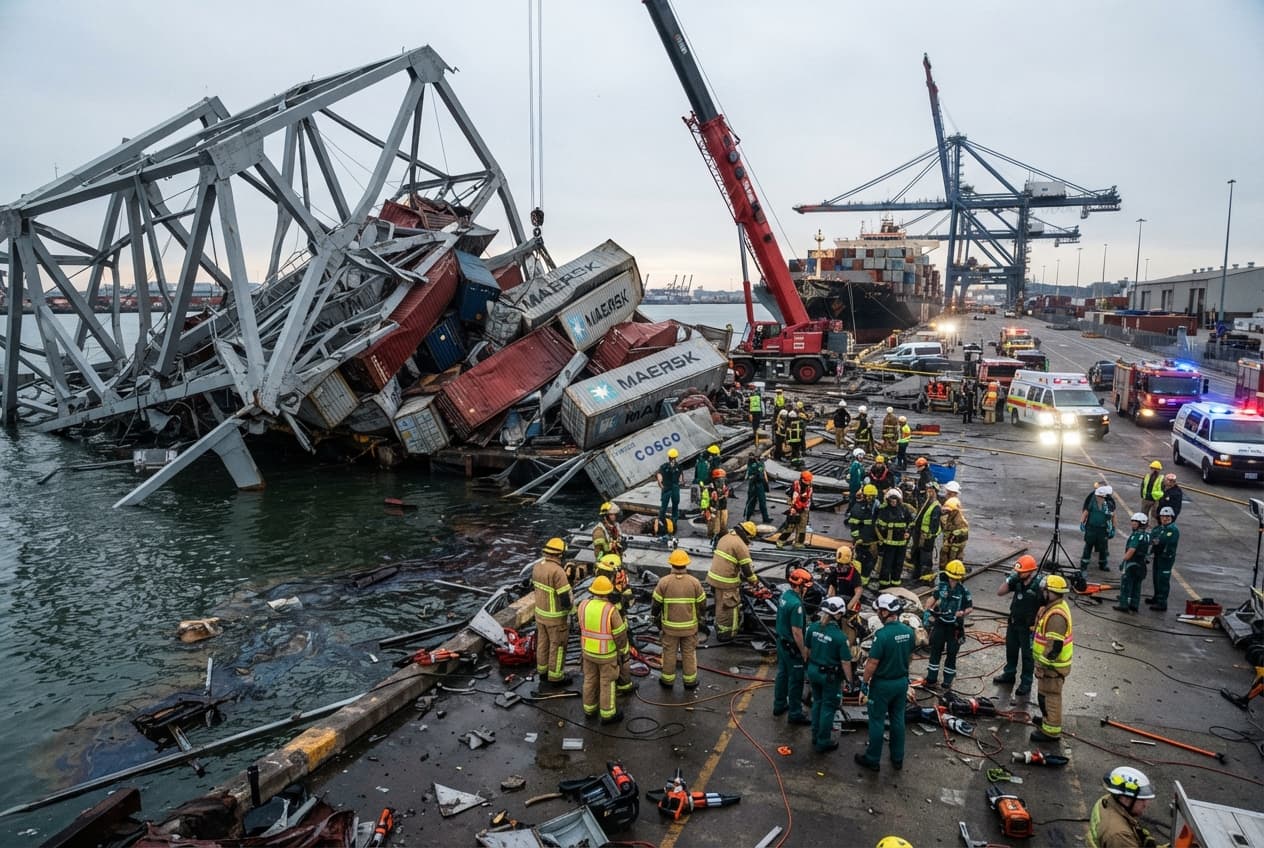 Industrial Workplace Accident at Port Facility: Heavy Equipment Collapse Kills Two Workers Industrial Workplace Accident at Port Facility: Heavy Equipment Collapse Kills Two Workers