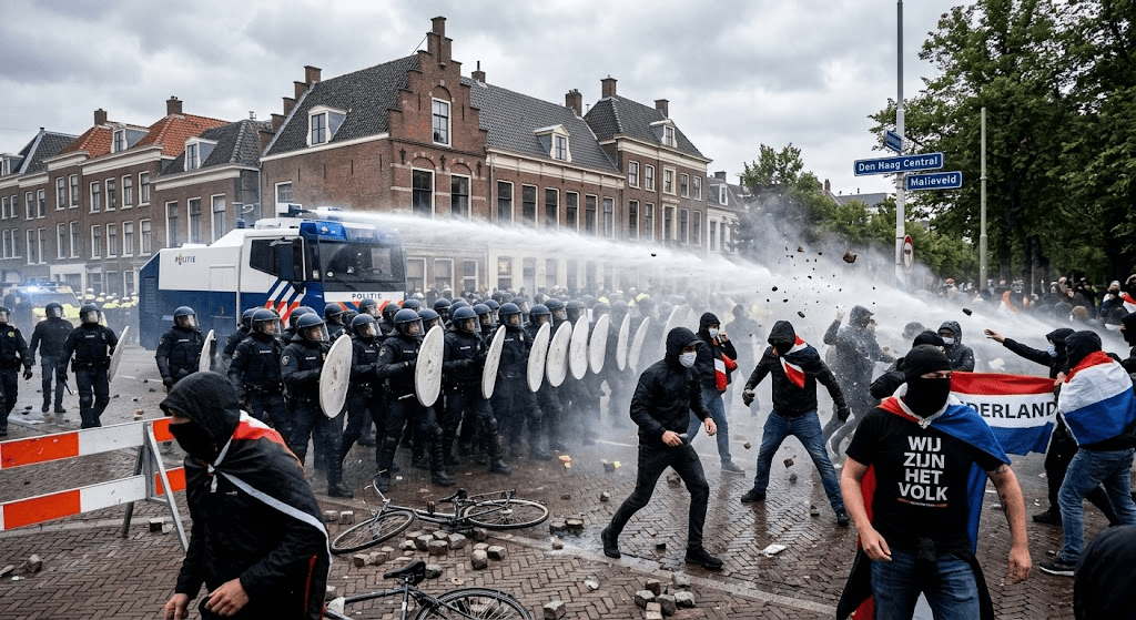 Dutch Riot Police Clash with Far-Right Protesters as Violent Unrest Erupts in The Hague Dutch Riot Police Clash with Far-Right Protesters as Violent Unrest Erupts in The Hague