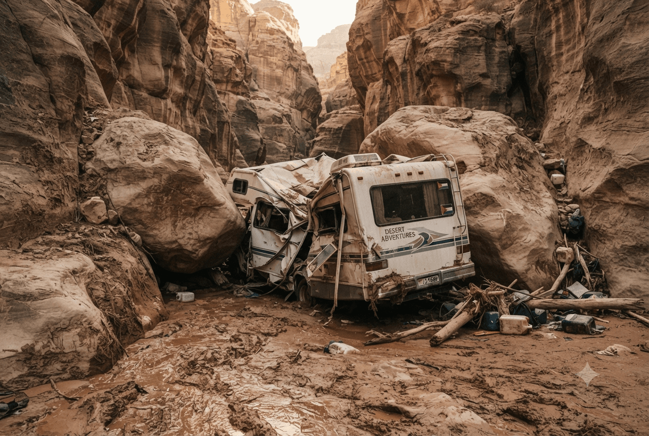 Petra Camping Tragedy: Three Casualties Confirmed After Severe Flash Flooding Destroys Tourist Transport Vehicle Petra Camping Tragedy: Three Casualties Confirmed After Severe Flash Flooding Destroys Tourist Transport Vehicle