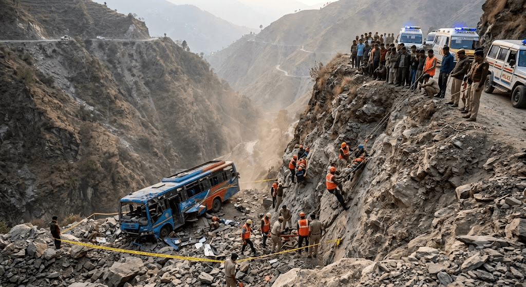 Tragedy in Himachal: Bus Plunges into Deep Gorge in Chamba, Leaving 7 Dead and 11 Injured Tragedy in Himachal: Bus Plunges into Deep Gorge in Chamba, Leaving 7 Dead and 11 Injured