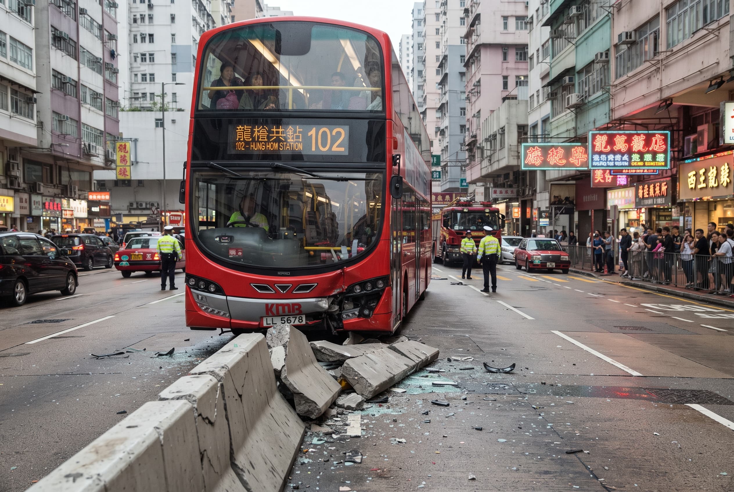 Road Divider Collision in Mong Kok: Bus Impact Leaves Eight Passengers Injured During Traffic Road Divider Collision in Mong Kok: Bus Impact Leaves Eight Passengers Injured During Traffic