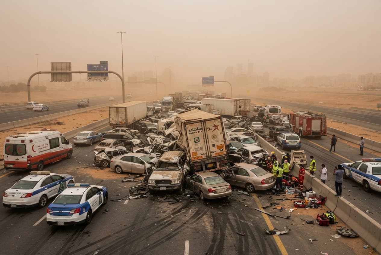 Highway Dust Carnage: Massive Multi-Vehicle Collision Leaves Three Dead Outside Riyadh Capital Highway Dust Carnage: Massive Multi-Vehicle Collision Leaves Three Dead Outside Riyadh Capital