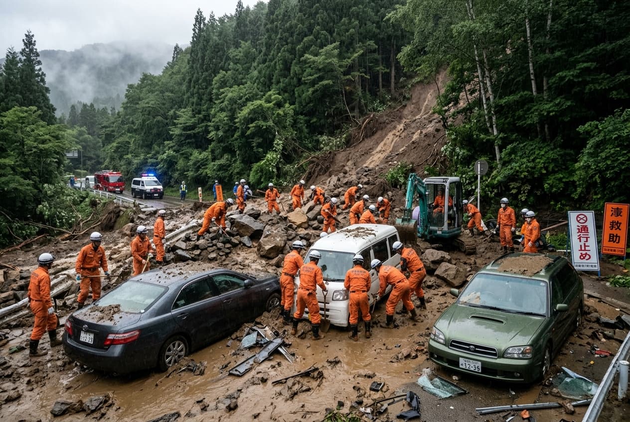Mudslide Hits Niigata Mountain Road: Hillside Collapse Traps Two Drivers, Leaves Both Injured, Route Closed Mudslide Hits Niigata Mountain Road: Hillside Collapse Traps Two Drivers, Leaves Both Injured, Route Closed