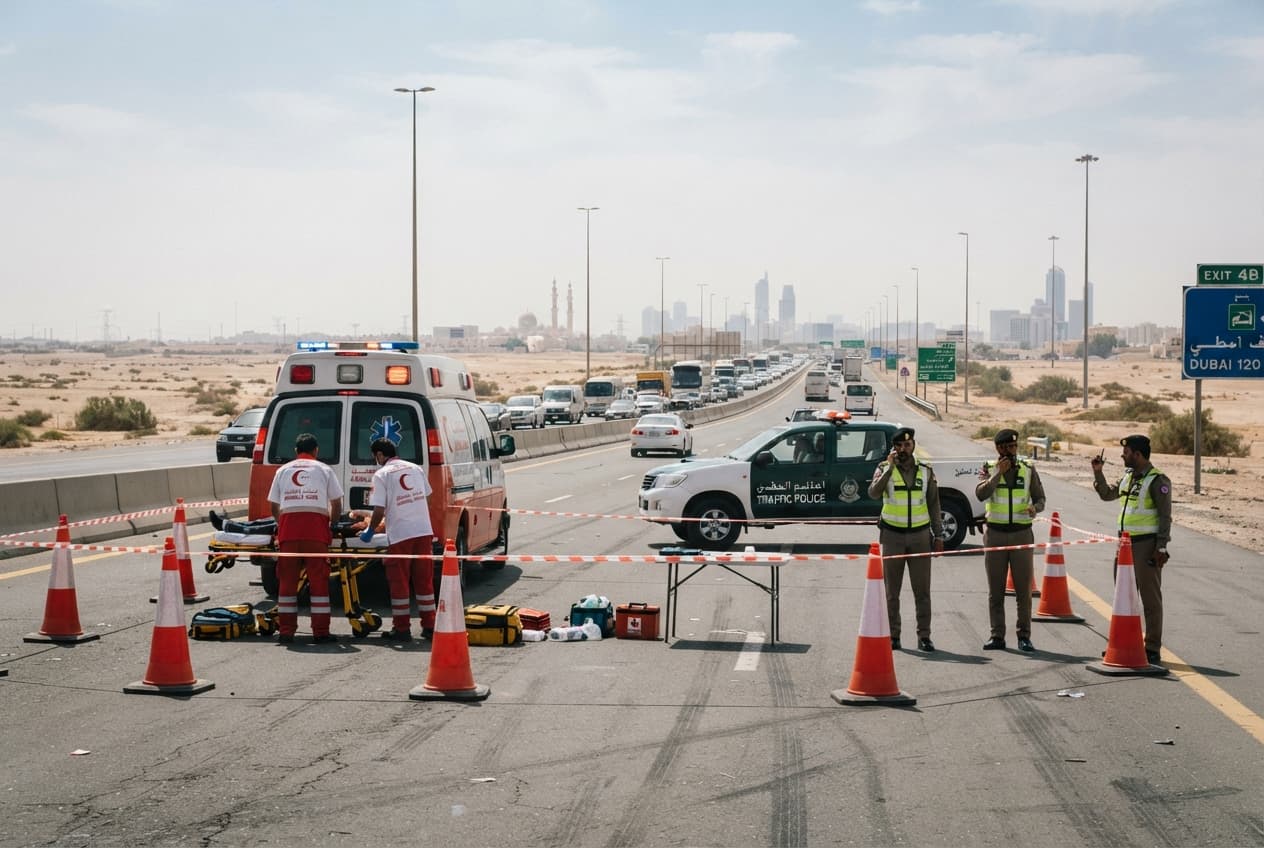 Desert Highway Outskirts, Emergency Rescue: Passenger Coach Rollover on Desert Highway Kills Six Workers Desert Highway Outskirts, Emergency Rescue: Passenger Coach Rollover on Desert Highway Kills Six Workers