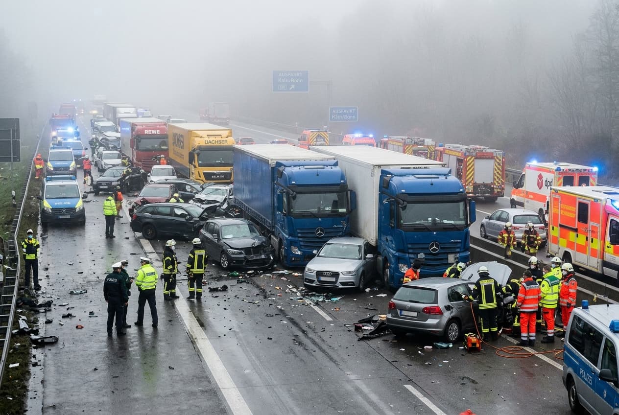 Foggy Highway Horror in Germany Leaves Three Dead, Fourteen Injured After Chain-Reaction Crash Blocks Lanes Foggy Highway Horror in Germany Leaves Three Dead, Fourteen Injured After Chain-Reaction Crash Blocks Lanes