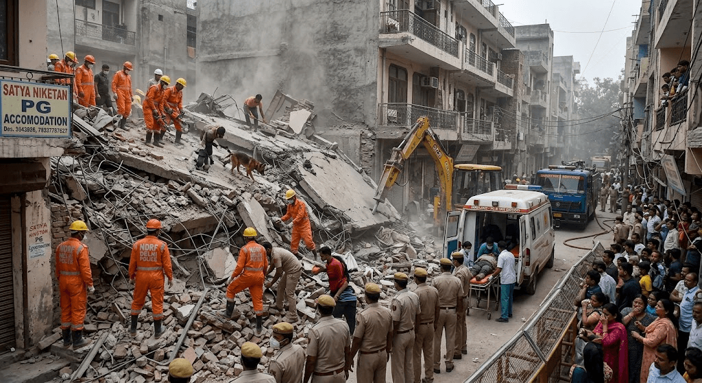 Tragedy in Delhi: 6 Dead, Dozens Trapped as Five-Storey Building Collapses in Satya Niketan Tragedy in Delhi: 6 Dead, Dozens Trapped as Five-Storey Building Collapses in Satya Niketan