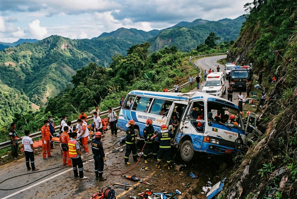 Shan State Collision: Six Killed in Head-On Crash Between Freight Truck and Minivan Shan State Collision: Six Killed in Head-On Crash Between Freight Truck and Minivan