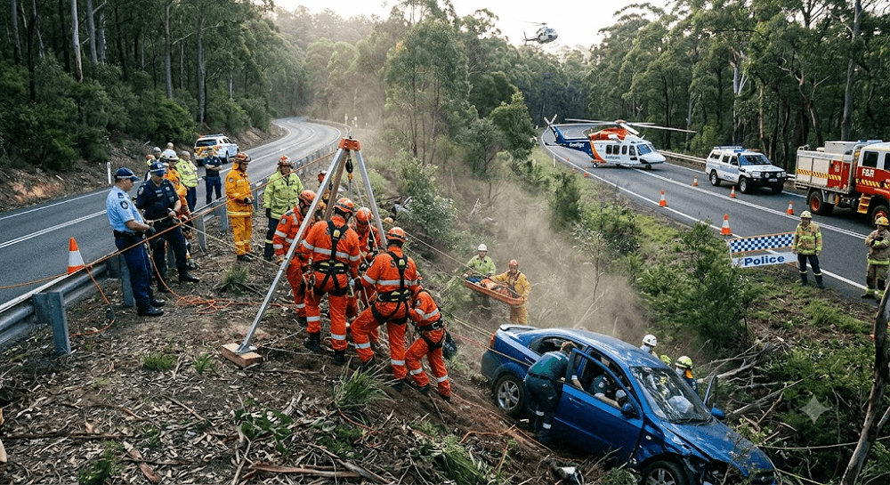 Airlifted to Hospital: Driver Seriously Injured After Car Plunges Down Embankment Off Thunderbolts Way Airlifted to Hospital: Driver Seriously Injured After Car Plunges Down Embankment Off Thunderbolts Way