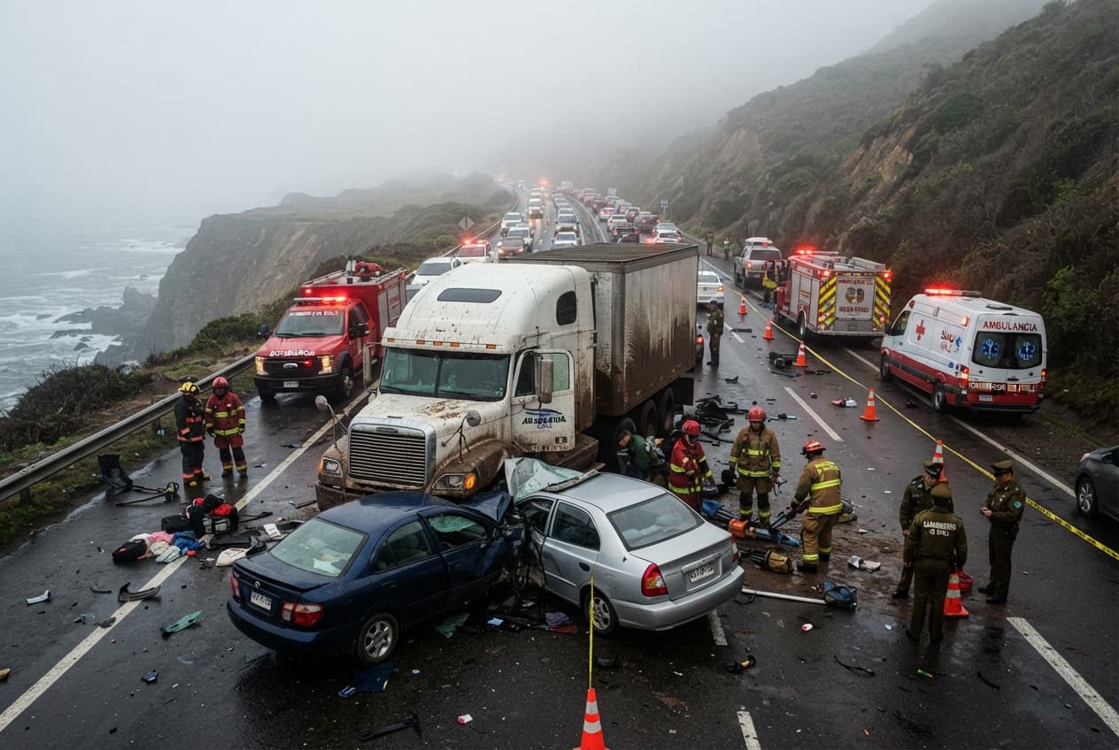 Chile Coastal Highway Carnage: Multi-Vehicle Fog-Enshrouded Pile-Up Leaves Several Dead, Traffic Paralyzed Chile Coastal Highway Carnage: Multi-Vehicle Fog-Enshrouded Pile-Up Leaves Several Dead, Traffic Paralyzed