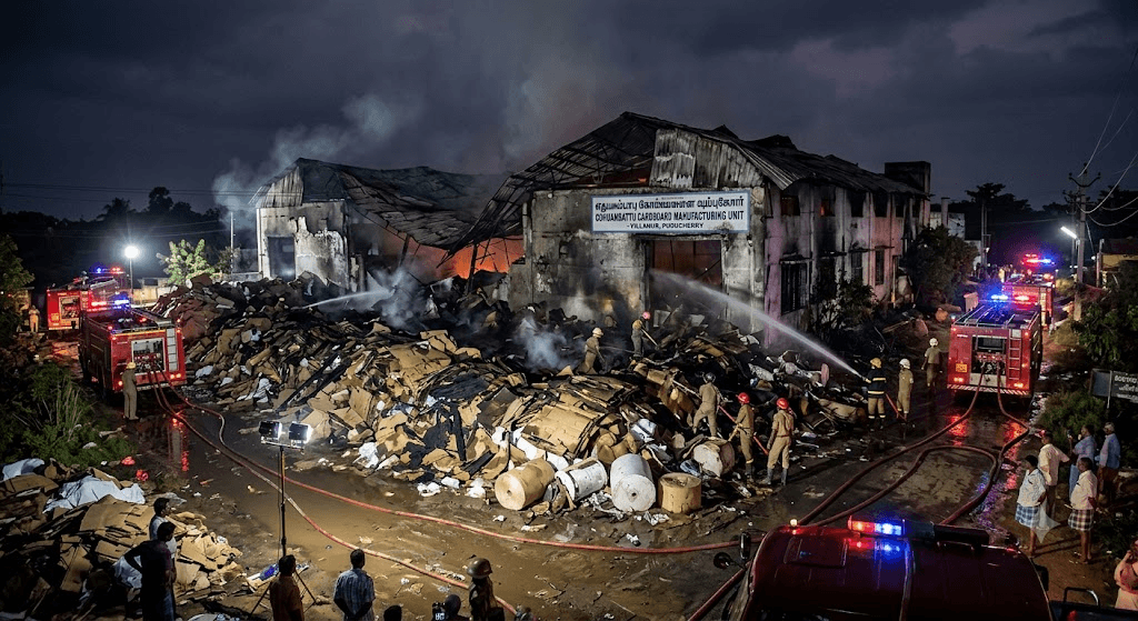 Puducherry Inferno: Massive Fire Sweeps Through Cardboard Factory in Villanur Puducherry Inferno: Massive Fire Sweeps Through Cardboard Factory in Villanur