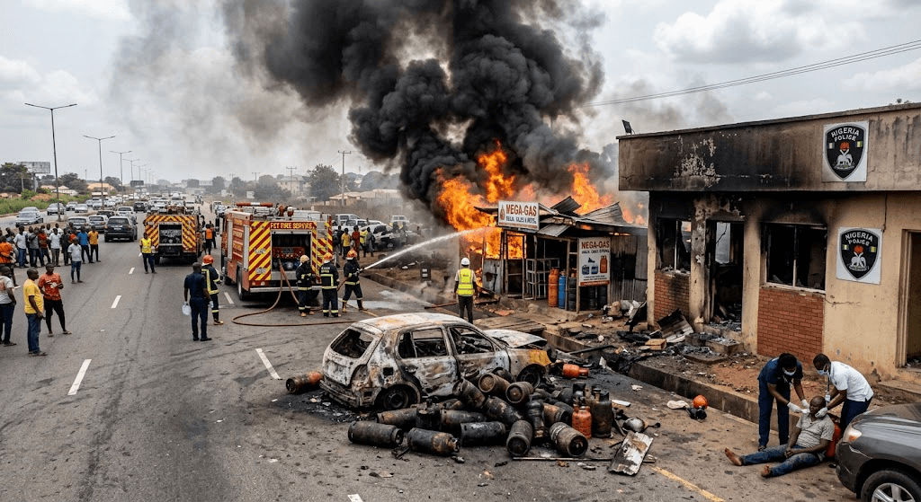 Fiery Chaos in Abuja: Car Crash Triggers Gas Explosion and Engulfs Police Post Fiery Chaos in Abuja: Car Crash Triggers Gas Explosion and Engulfs Police Post