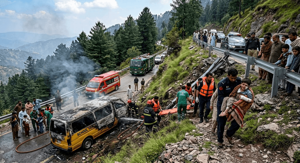 Horrific Crash in Murree: School Van Plunges Off Road and Catches Fire, Leaving 10 Children Injured Horrific Crash in Murree: School Van Plunges Off Road and Catches Fire, Leaving 10 Children Injured