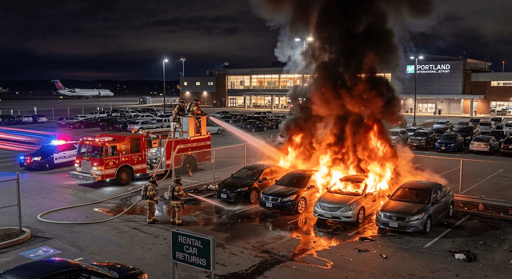 Blaze at Portland Jetport: 4 Rental Cars Destroyed in Airport Parking Lot Fire Blaze at Portland Jetport: 4 Rental Cars Destroyed in Airport Parking Lot Fire