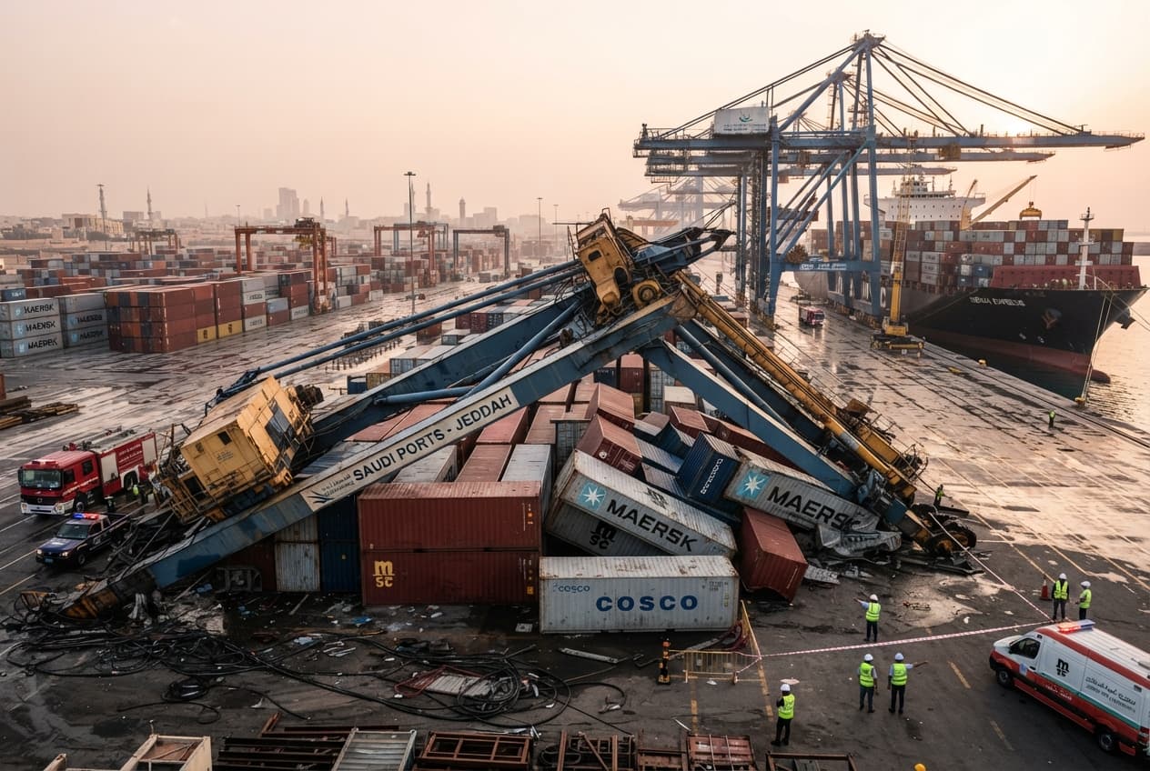 Jeddah Port Accident: Container Yard Crane Collapse Disrupts Terminal Operations and Shipping Schedules Jeddah Port Accident: Container Yard Crane Collapse Disrupts Terminal Operations and Shipping Schedules