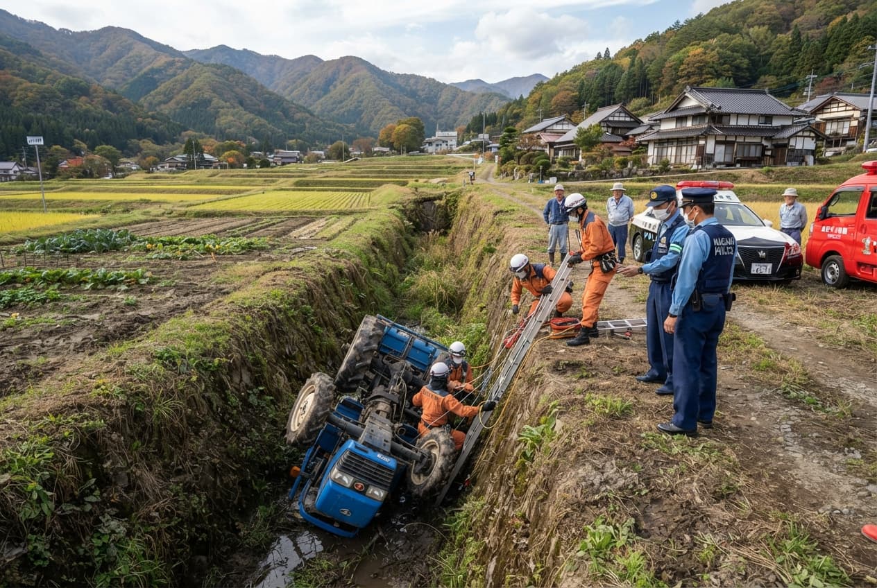 Rural Farming Accident, Japan: Elderly Farmer Killed as Tractor Plummets Into Deep Ditch in Nagano Rural Farming Accident, Japan: Elderly Farmer Killed as Tractor Plummets Into Deep Ditch in Nagano